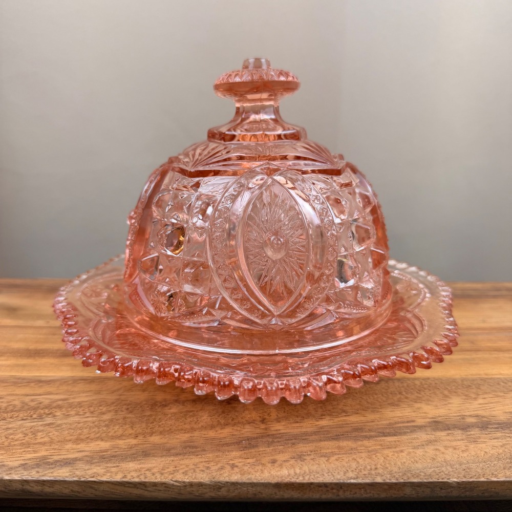 Vintage Pink Depression Glass Butter cheese Dish Domed Lid 2pc